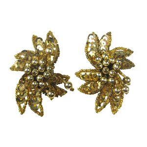 UPCYCLED Set 2 Shoe Dress Clips Fur Goldtone Beaded Fabric Sequins Handcrafted